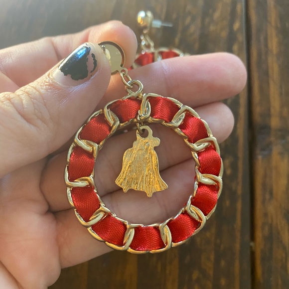 Women’s Christmas Earrings Red Gold Holiday Circle Shape with Bells - Picture 2 of 3